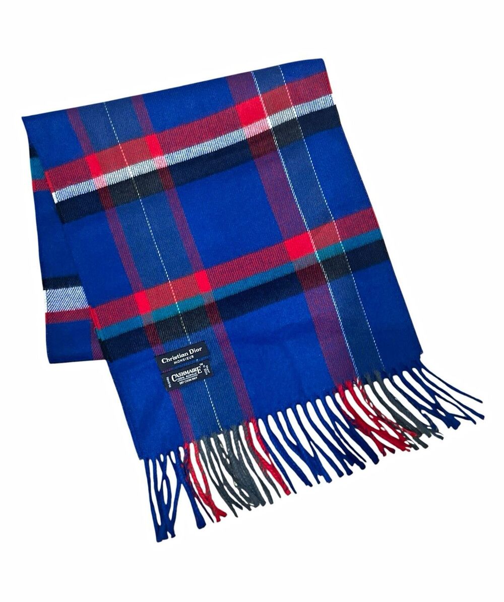 Vintage Christian Dior Monsieur Plaid Scarf Blue Tartan Cashmaire Japan